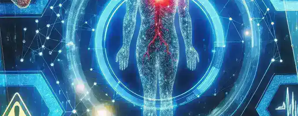 "IA predice riesgos de deterioro en pacientes: Gráfico ilustrativo mostrando análisis de datos de salud y algoritmos de inteligencia artificial en el pronóstico médico."