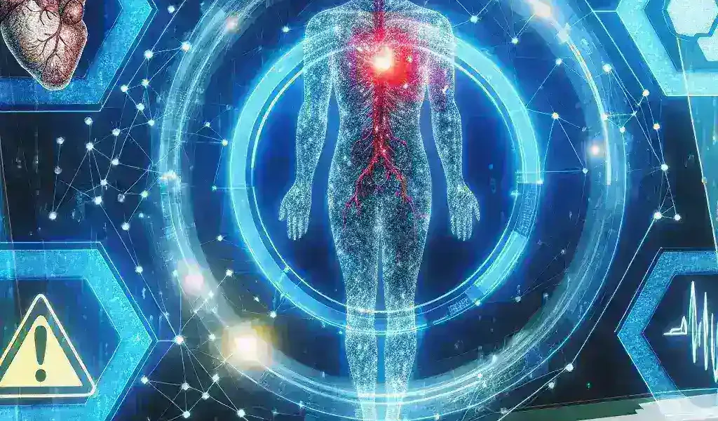 "IA predice riesgos de deterioro en pacientes: Gráfico ilustrativo mostrando análisis de datos de salud y algoritmos de inteligencia artificial en el pronóstico médico."