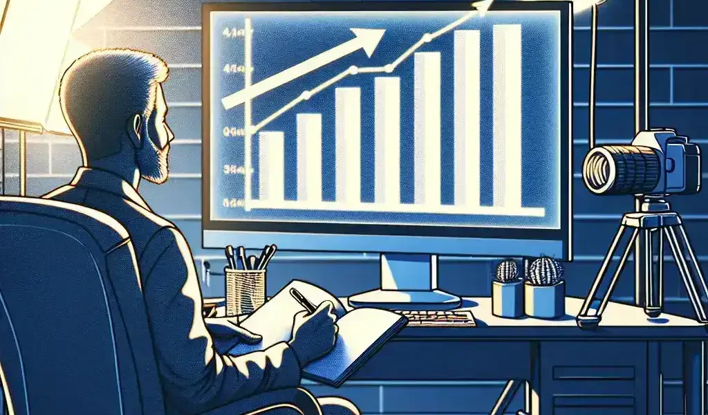 Alt text: "Estrategias efectivas para hacer crecer tu canal de YouTube desde cero, mostrando un gráfico ascendente y un creador de contenido optimizando su perfil."