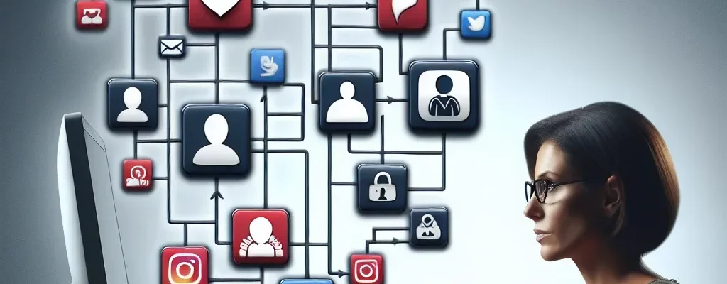 "Persona gestionando múltiples cuentas de redes sociales en una computadora portátil, usando herramientas de programación y análisis para mejorar la estrategia digital."