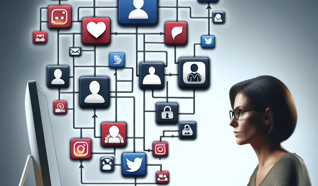 "Persona gestionando múltiples cuentas de redes sociales en una computadora portátil, usando herramientas de programación y análisis para mejorar la estrategia digital."