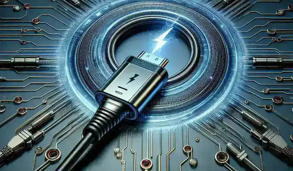 Alt text: "Intel's Thunderbolt 5 base featuring 280W charging capability showcased in a product demonstration."