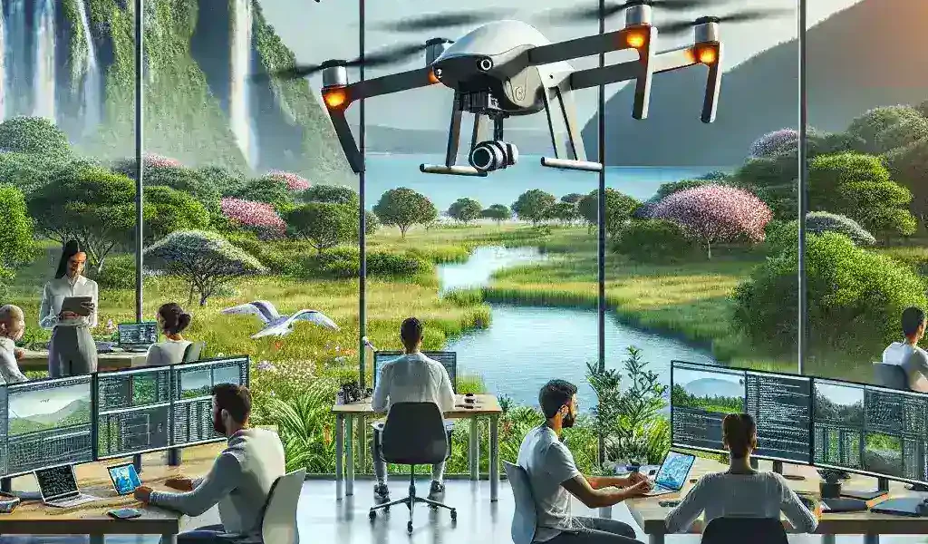 "Drone de vigilancia desarrollado por startup catalana sobrevolando un parque natural, mostrando su capacidad para monitorear la fauna y la flora del área."